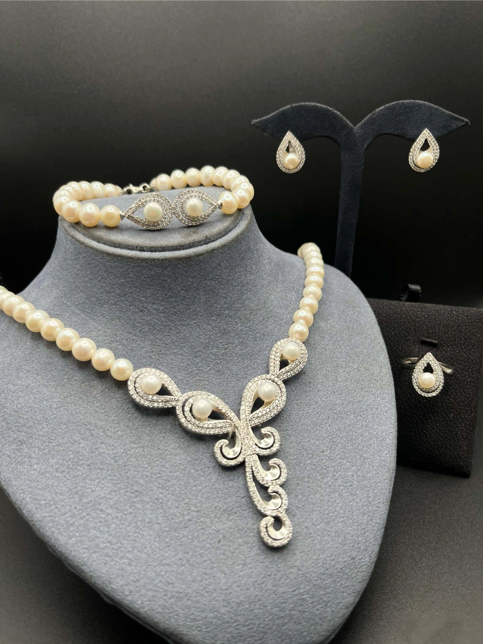 Doğal İncili Gümüş Set