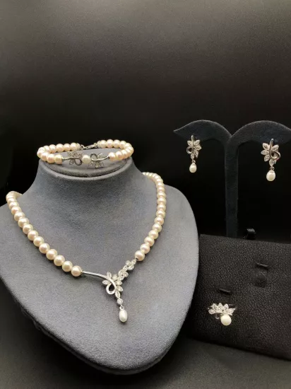 Doğal İncili Gümüş Set