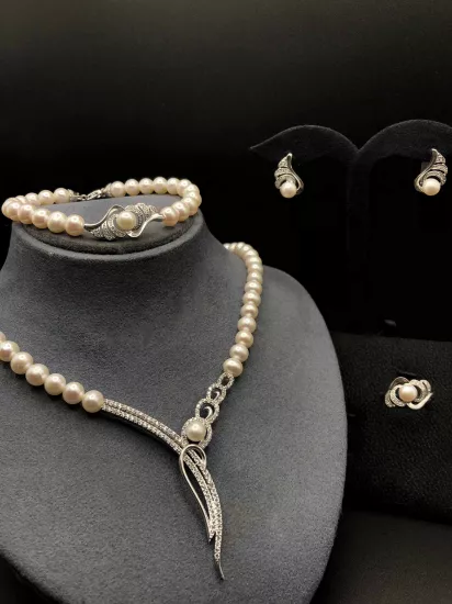 Doğal İncili Gümüş Set