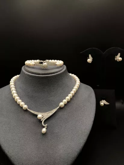 Doğal İncili Gümüş Set