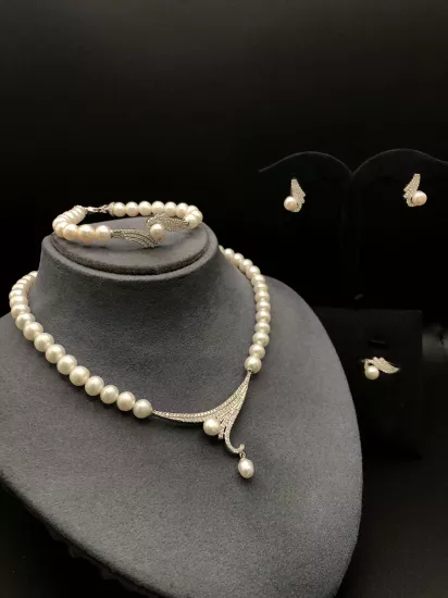 Doğal İncili Gümüş Set