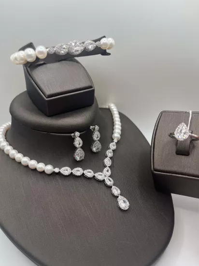 Doğal İncili Gümüş Set